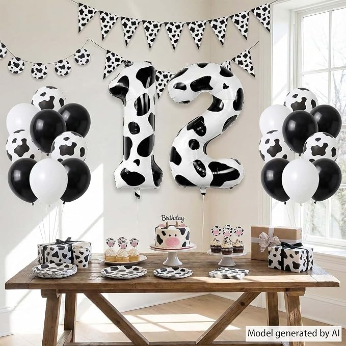 40 Inch Cow Print Number 12 Balloon Set, Giant Black and White Foil Number - Image 2