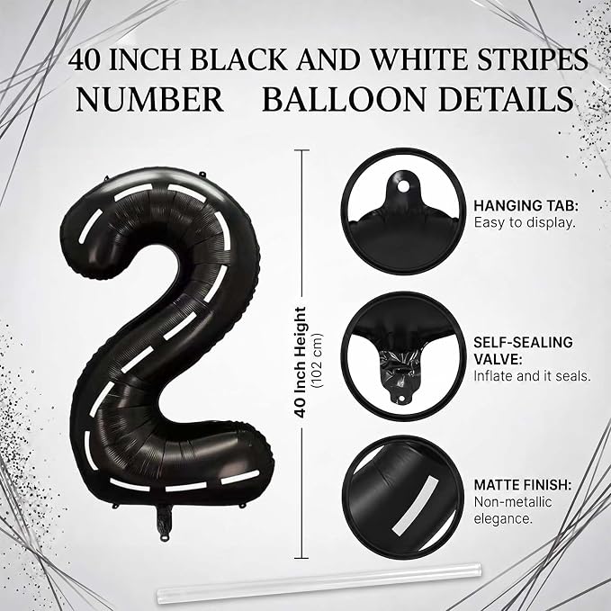 Black and White Stripes Number 2 Balloon 40 Inch, Foil road sign Numeral | - Image 4