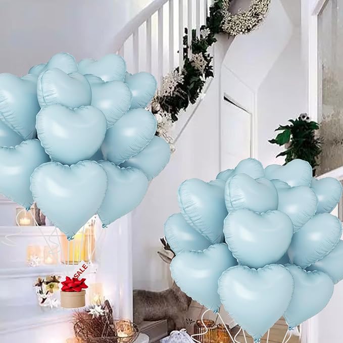 Blue Heart Ballloons, 18 Inch Pastel Blue Foil Love Heart Shaped Balloons 12Pcs - Image 4