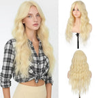 Long Blonde Wavy Wig with Curtain Bangs for Women 26 Inch Synthetic Wig Natural Looking Heat Resistant Fiber Wigs for Daily Party Halloween Cosplay Use