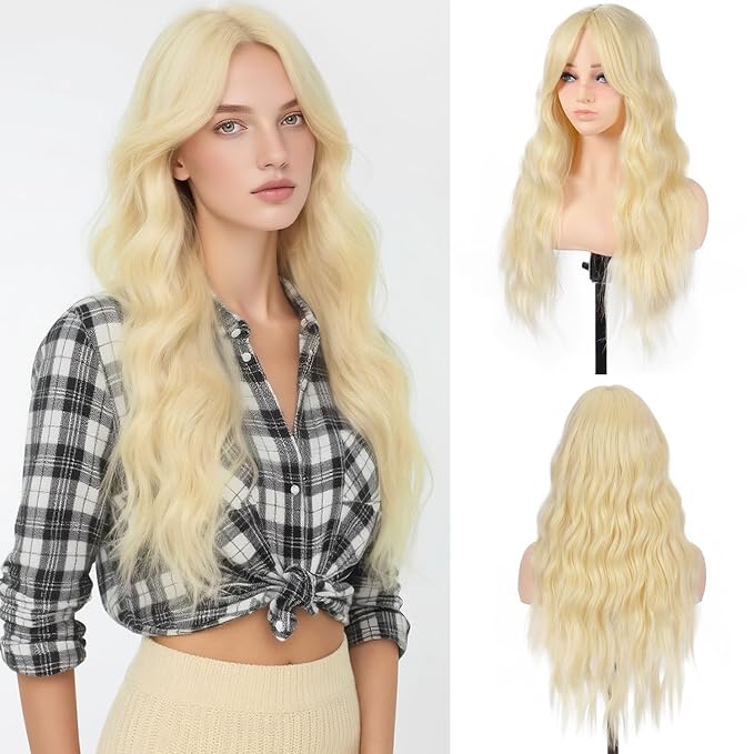 Long Blonde Wavy Wig with Curtain Bangs for Women 26 Inch Synthetic Wig Natural Looking Heat Resistant Fiber Wigs for Daily Party Halloween Cosplay Use