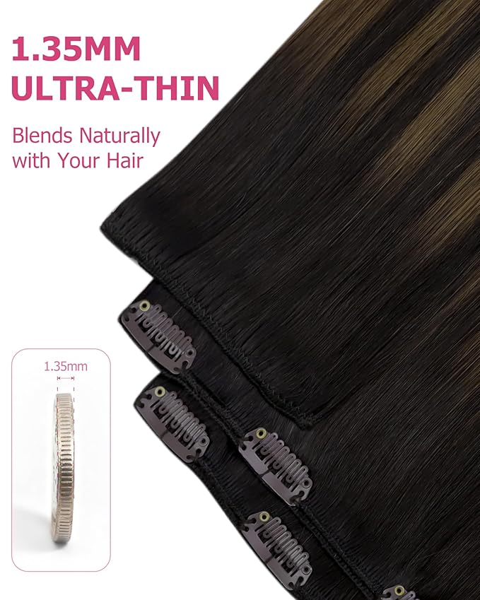 YoungSee Dark Brown Hair Extensions Clip ins Balayage Clip in Human Hair Extensions Dark Roots to Medium Brown Clip on Hair Extension for Women 14inch 120g