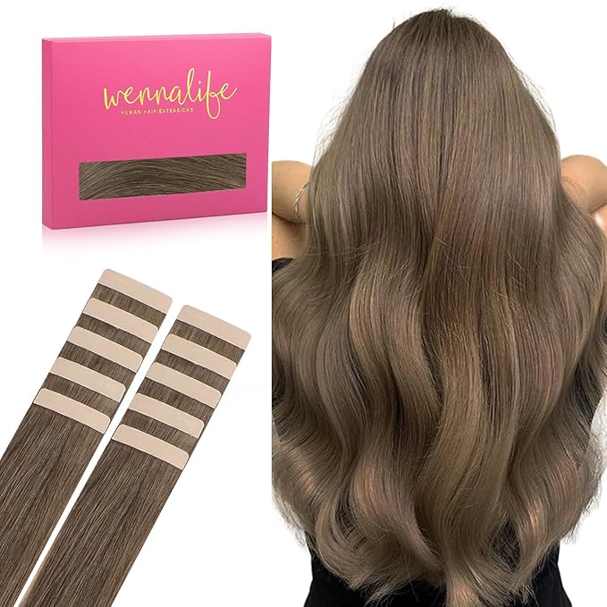 WENNALIFE Tape in Hair Extensions Human Hair Light Ash Brown 10pcs 30g 22 inch Remy Invisible Tape Ins Straight Colored Soft Real Human Hair Tape in Extensions Refill Set