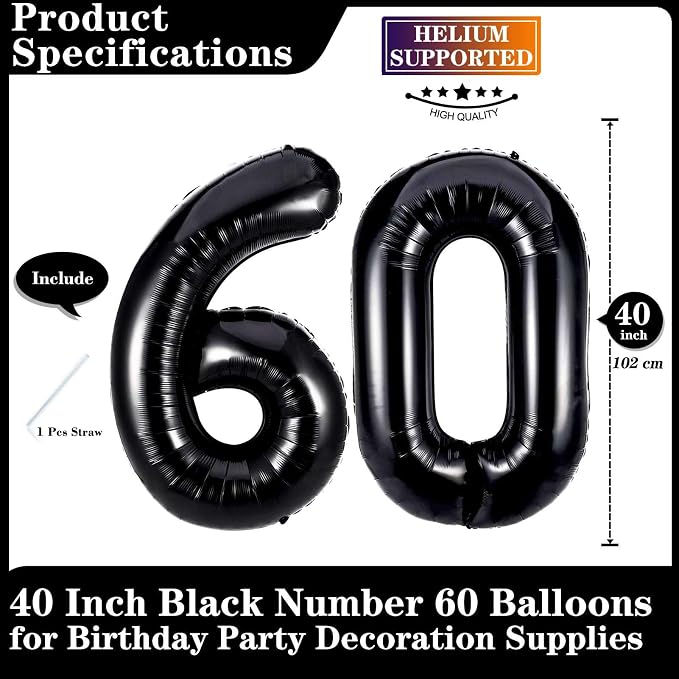 Black 60 Number Balloons, 40 Inch Giant Number 60 Balloons Foil Mylar Helium - Image 2