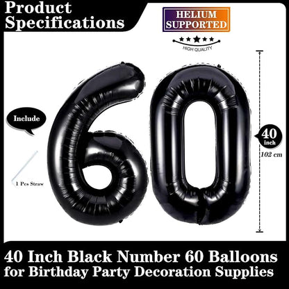 Black 60 Number Balloons, 40 Inch Giant Number 60 Balloons Foil Mylar Helium - Image 2