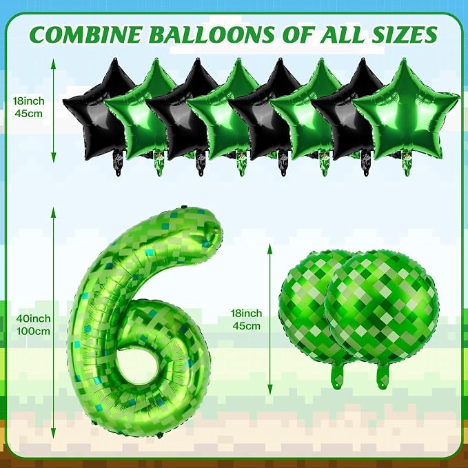 40 Inch Green Pixel Themed Number 6 Balloon Set Foil Balloon - Image 2