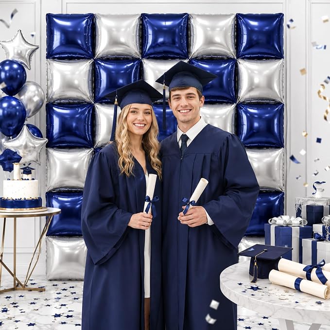 Metallic Navy Blue and Silver Double Sided Square Foil Balloons Wall, 19 Inches - Image 4