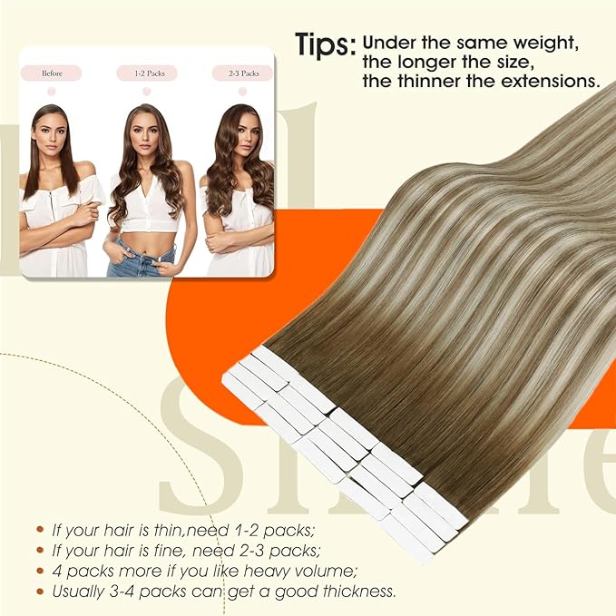 Full Shine Tape in Human Hair Extensions Color 3/8/22 Brown And Blonde Tape in Hair Extensions 20Inch Brazilian Double Sided Skin Weft Invisible Extension 50G 20Pcs Travel Friendly Styling