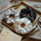 LULUSILK Silk Scrunchies for Hair Sleep, 100% Real Mulberry Silk, No Damage Hair Ties for Women and Girls, Black White and Silvergrey, Pack of 3