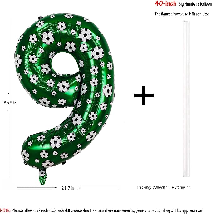40 Inch Soccer Number 9 Balloons Large Foil Balloon Number 9 Birthday Deco | - Image 2