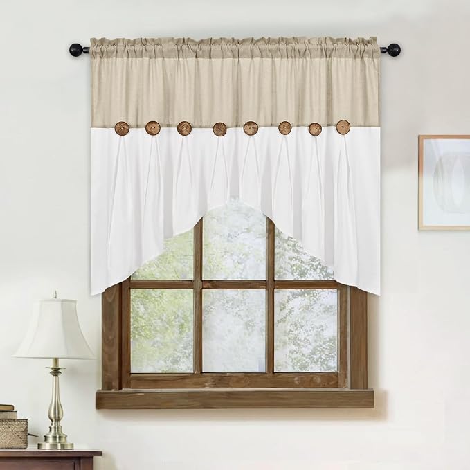 Farmhouse Swag Curtain, Boho Cotton Linen Valance Curtain, Rustic Button Window - Image 7