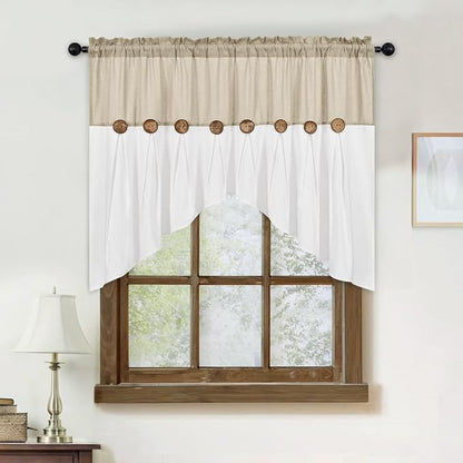 Farmhouse Swag Curtain, Boho Cotton Linen Valance Curtain, Rustic Button Window - Image 7