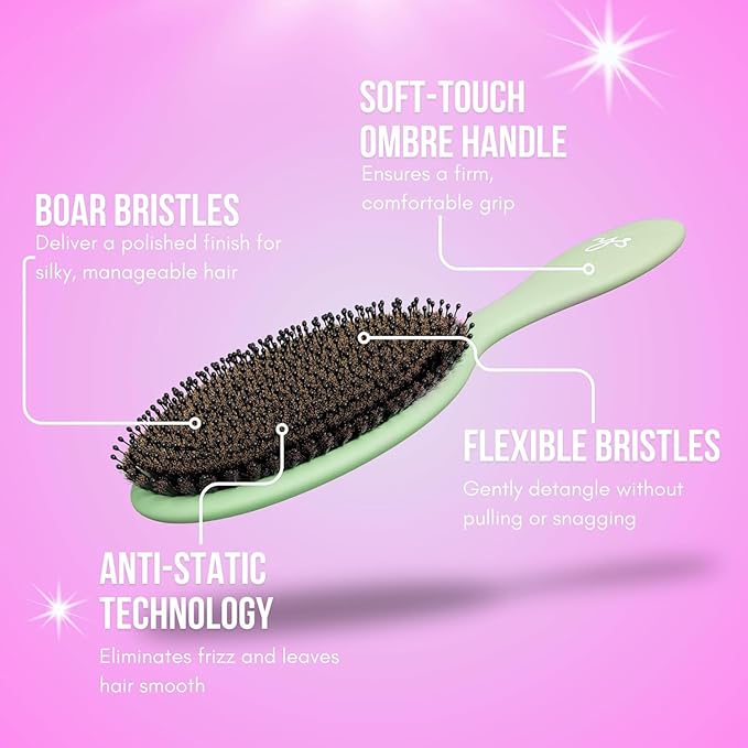 SimplyHair Ultimate Hair Extension Brush & Detangler Anti-Static, Dual Bristle Design, Soft Boar Bristle, Great for All Hair Types & Extensions - Green Ombre Brush Ideal for Adults & Kids