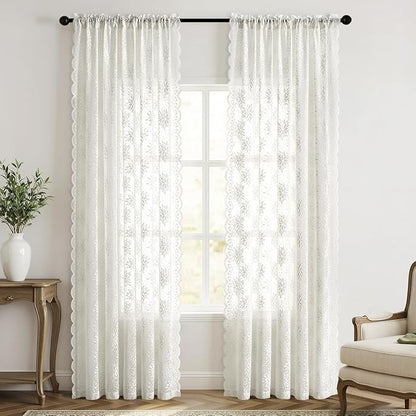 MIULEE Vintage Floral Scalloped Lace Curtains 2 Panels, Semi Sheer Curtains - Image 7