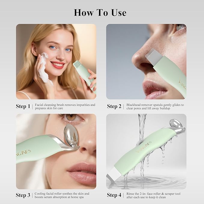 Blackhead Scraper Tool & Skin Scrubber Face Spatula for Blackhead Removal, Pore Cleaning, with Cooling Ice Roller & 2 Silicone Brush Heads (Sage Mist)