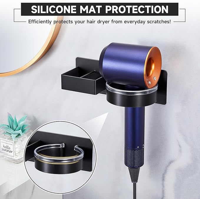Hair Dryer Holder Blow Dryer Holder Wall Mounted, Adhesive Hair Straightener Holder, Hair Tool Organizer for Curling Iron Holder, Metal Hairdryer Holder Storage Organizer for Bathroom Vanity,Black