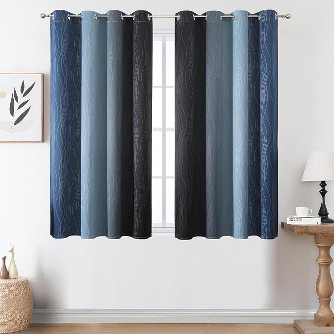 Black and Navy Blue Ombre Blackout Curtains 45 Inch Length, Full Room Darkening - Image 2