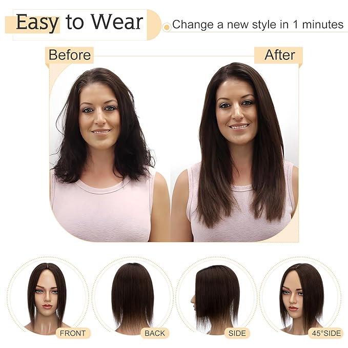 SEGO Human Hair Toppers for Women With Thinning Hair, 7 * 13CM Silk Base 100% Real Human Hair Clip in Top Wiglet Hairpieces -12 Inch No Bangs Dark Brown