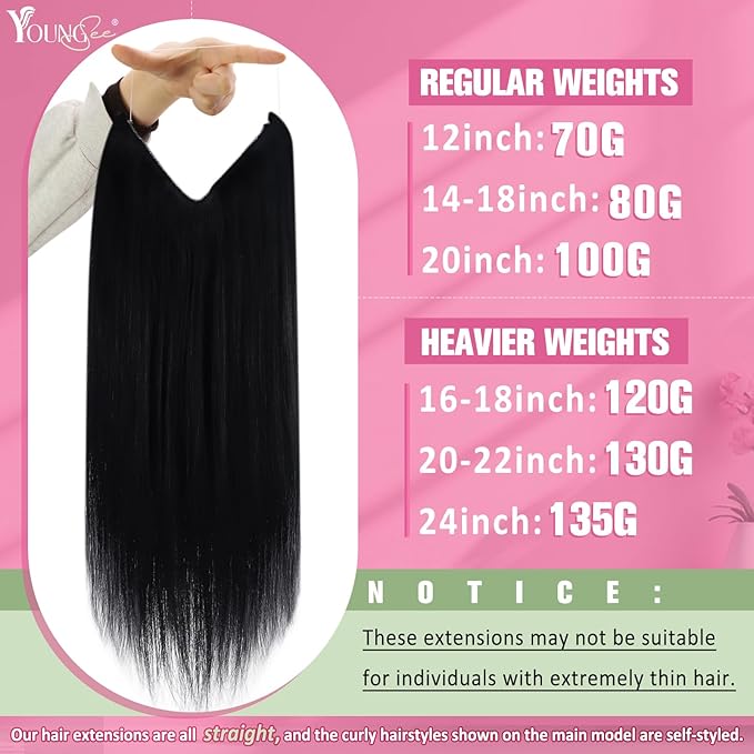 YoungSee Wire Hair Extensions Jet Black Hair Extensions Invisible Wire Black Fish Line Hair Extension Real Human Hair Short Straight Hair 12Inch 70g
