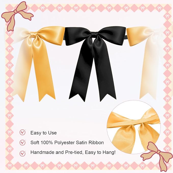 2 Strings of 16PCS Black&Gold Bow Garlands Banner Decoration, Pre-Strung Satin - Image 3