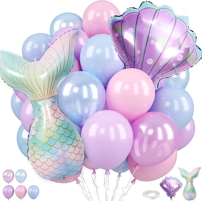 Mermaid Balloons, 12 Inch Pastel Pink Purple Blue Pearl Balloons by FunHot