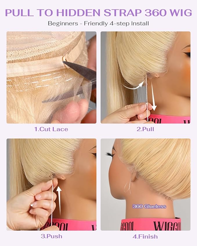 Hidden Strap Straight 360 613 Lace Front Wigs Human Hair Invisible Strap Pre Plucked 180% Density SALON-Quality Blonde Wig with Drawstring Glueless Wigs HD Full Lace Human Hair Wigs 20inch