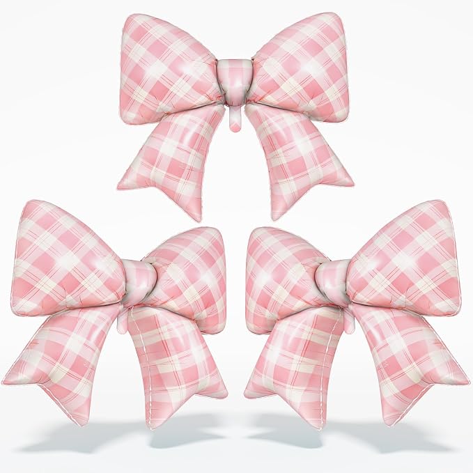 Pink Plaid Bow Balloons, 38 Inch Pink Giant Gingham Checkered Bowknot Foil by Togvu