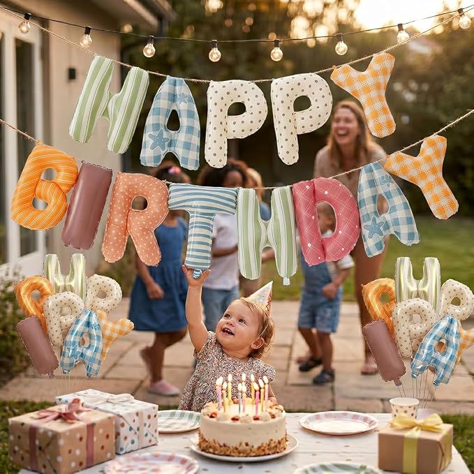 Colorful Happy Birthday Banner Foil Letter Balloon, 14 Inch 3D Plaid, Polka Dots - Image 6