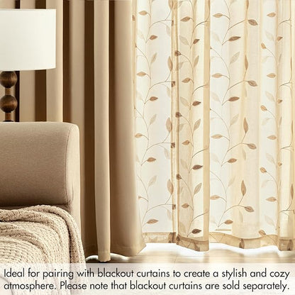 MIULEE Khaki Sheer Curtains 2 Panels Embroidered Leaf Patterned, W52 x L96 | - Image 7