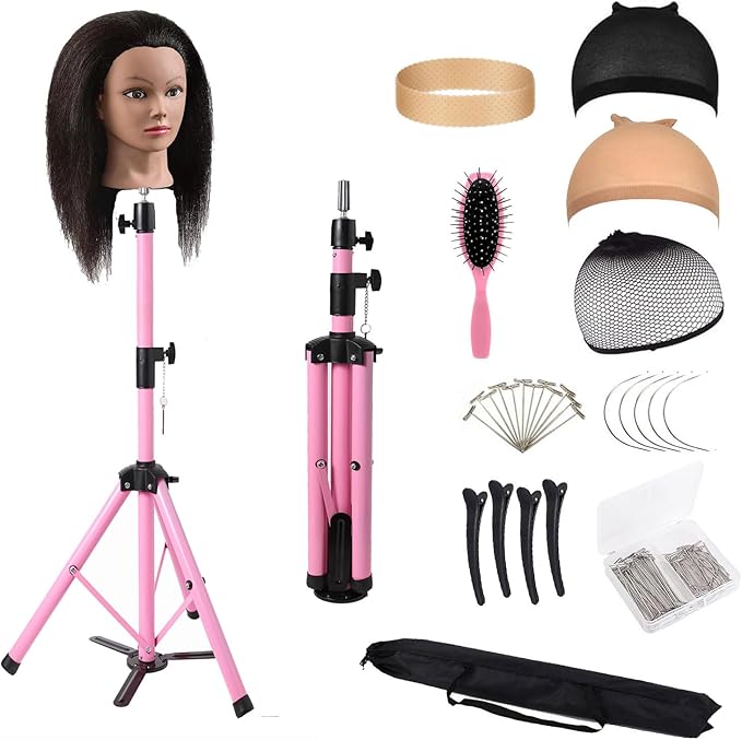 Reinforced Wig Stand Tripod 55" Heavy Duty Adjustable Mannequin Head Stand Tripod for Styling Cosmetology Hairdressing Training, Pink Wig Head Stand Sets with Wig Caps,Comb,Hair Clips, T-Pins,Headband