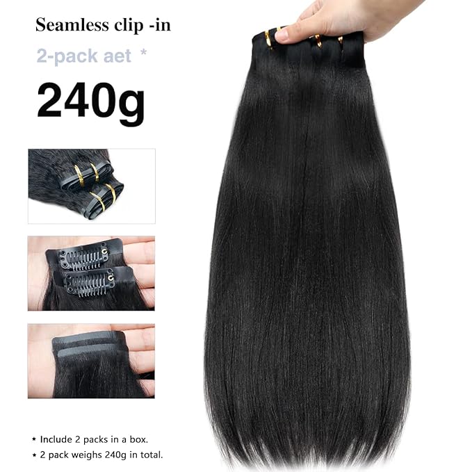 Yaki Straight Clip in Hair Extensions Real Human Hair 2 Pack 240g Full Max Seamless Clip ins for Women 15A Remy Human Hair Clip in Extensions with 16Pcs PU Thin Weft 18inch Natural Black