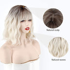 MISSQUEEN Short Platinum Blonde Wavy Wig with Bangs,Dark Roots Short White Blonde Wig for Women,Middle Part Cosplay blonde Wigs Natural Looking for Daily Use