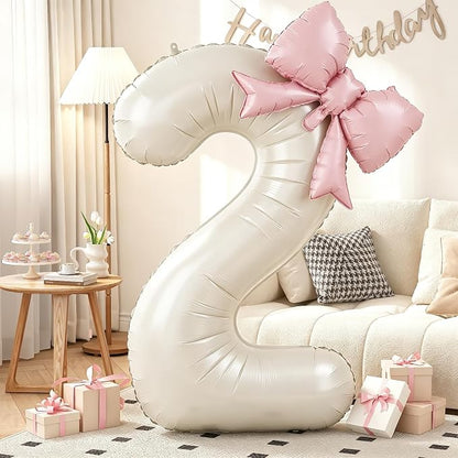 Cream 2 Balloons with Pink Bow Balloons, 40 Inch Giant Self Inflating Beige by KYGNE