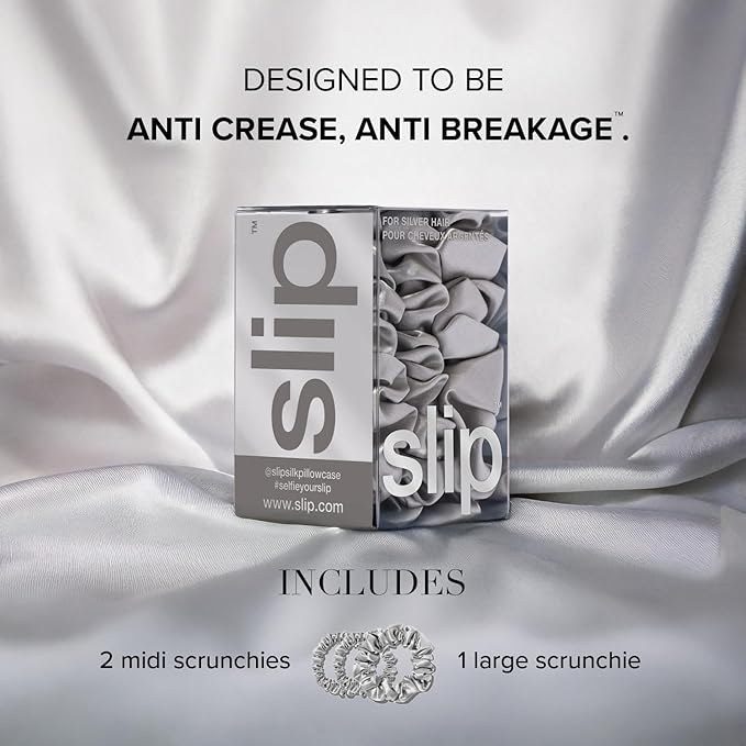 SLIP 100% Pure 22 Momme Mulberry Silk Scrunchies for Women - Back to Basics Assorted Style - Hair-Friendly + Luxurious Elastic Scrunchies Set (3 Count - Silver)
