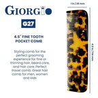 Giorgio G27 Handmade All Fine Tooth Pocket Comb, Hair Comb Straightener for Everyday Grooming Styling Hair, Mustache and Beard for Men Women and Kids, Use Dry or with Balms, Saw Cut and Polished