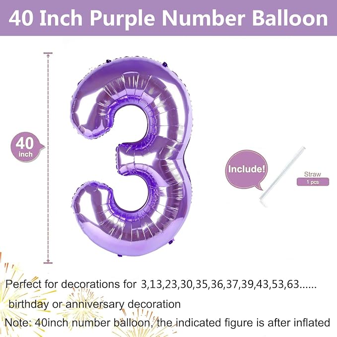 Purple Number Balloons, 40 Inch Purple Balloon 3.3 Helium Balloon 3th Birthday - Image 2