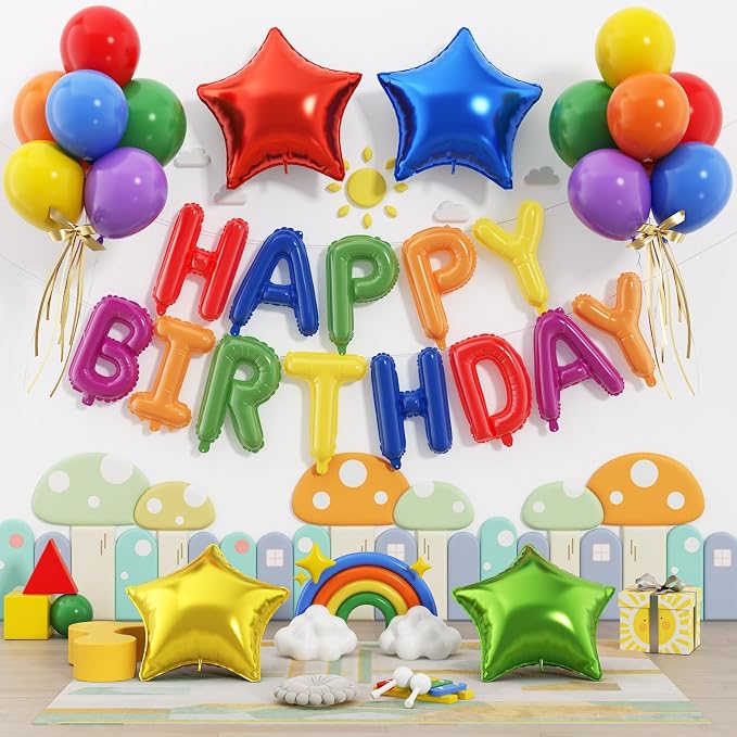 29PC Rainbow Happy Birthday Balloon Banner, 16 Inch 3D Aluminum Letter Banner by Paready