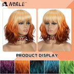 NOBLE Short Bob Wigs with Bangs for Women 3 Tone Ombre Color Synthetic Shoulder Length Curly Wavy Blonde to Orange to Ginger Wig Natural Looking Heat Resistant Colorful Daily Party Cosplay Bob Wigs.