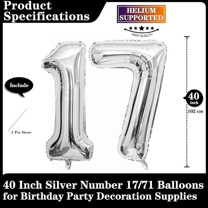 Silver 17 Number Balloons, 40 Inch Giant Number 17 Balloons Foil Mylar Helium - Image 2