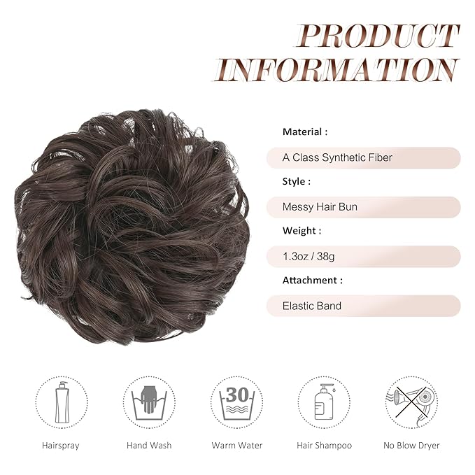 FESHFEN Messy Bun Hair Piece - Elastic Wavy Curly Hair Bun Scrunchies Extensions Synthetic Chignon Hairpieces for Women Girls, Dark Brown 1.5 oz