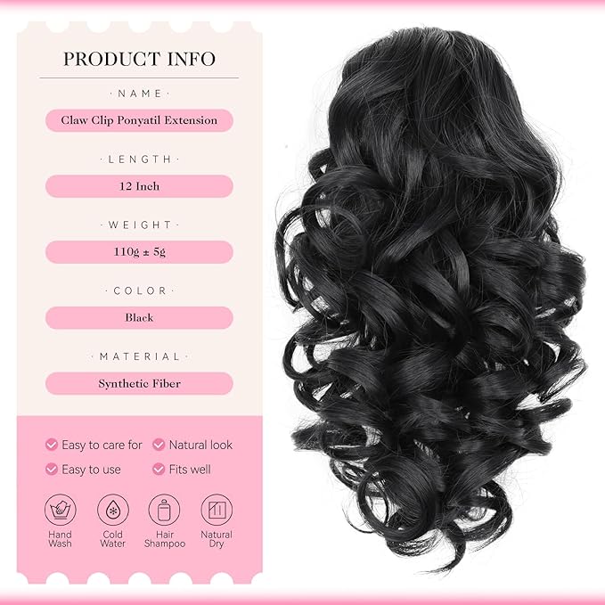 12 Inch Black Ponytail Extension - Soft Wavy Pony Tails Hair Extensions, Claw Clip Ponytail Extension, Natural Short Hair Extensions Ponytail, Synthetic Hair Pieces for Women (Color: Black)