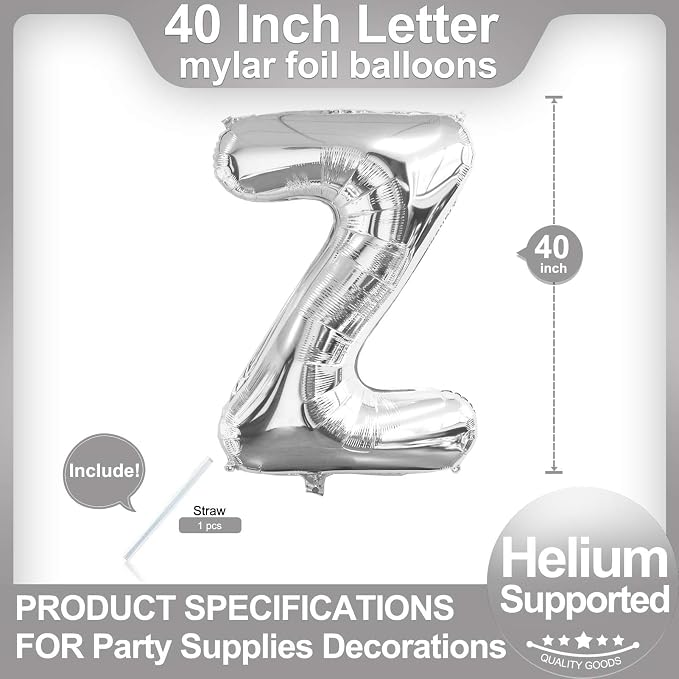 40 Inch Silver Letter Z Balloons, DIY Phrase Foil Alphabet Letter Z Balloons - Image 2