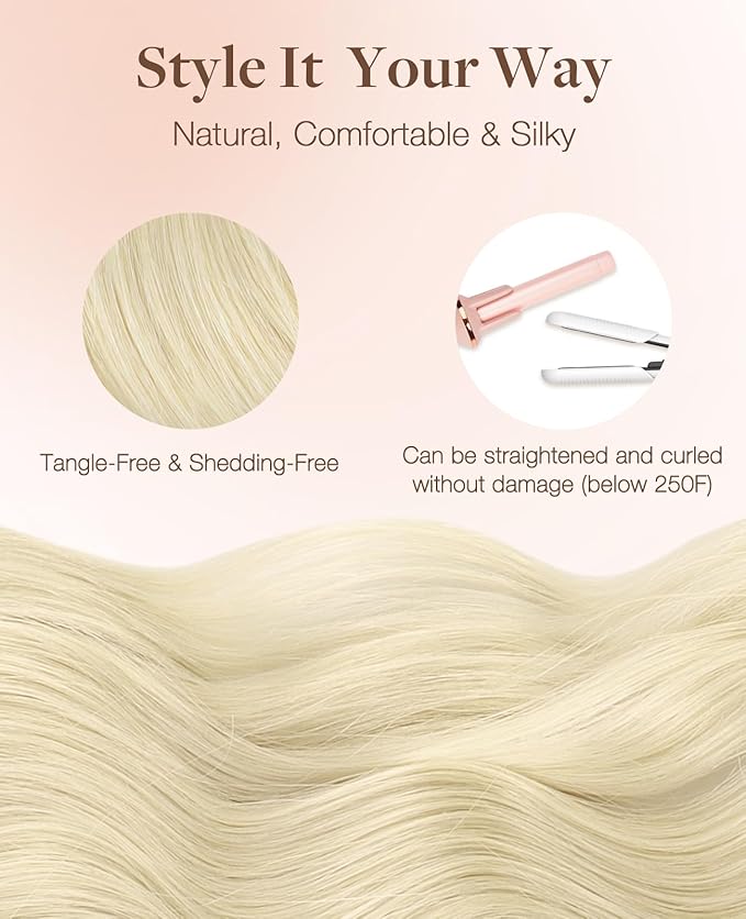 GOO GOO Invisi Edge Tape in Hair Extensions Human Hair, 60A Platinum Blonde 10pcs injected with 10pcs classical tape ins, 24inch 50g, Virgin Remy Hair, Natural Look