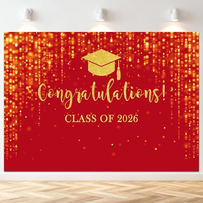 Mocsicka Class of 2026 Backdrop Red Gold Glitter Bokeh Graduation Party by Mocsicka