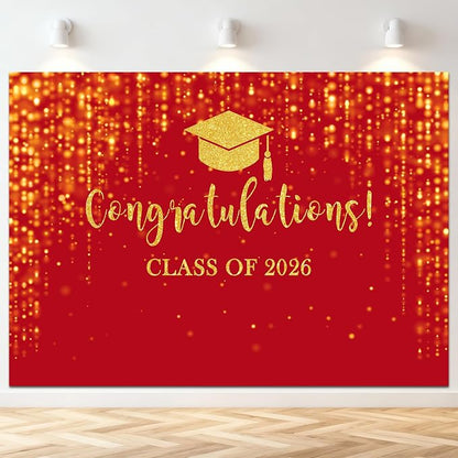 Mocsicka Class of 2026 Backdrop Red Gold Glitter Bokeh Graduation Party by Mocsicka