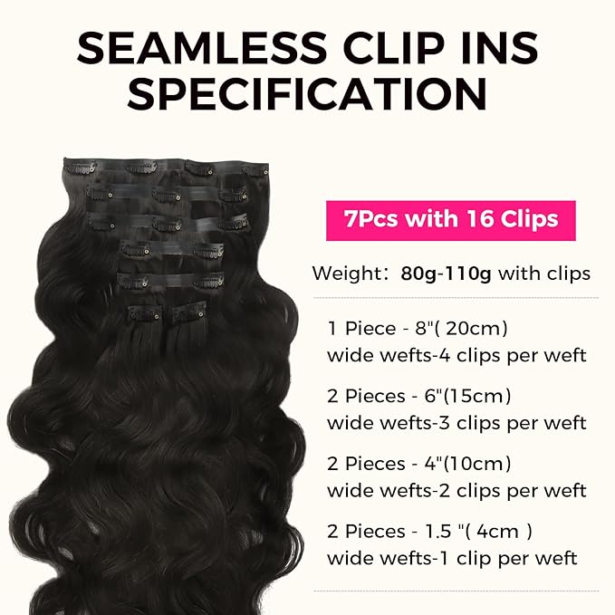 Lashey Seamless Clip in Hair Extensions Human Hair, 7pcs 110g Body Wave 24 Inch #1B Natural Black Remy Human Hair Extensions with Soft Invisi Edge