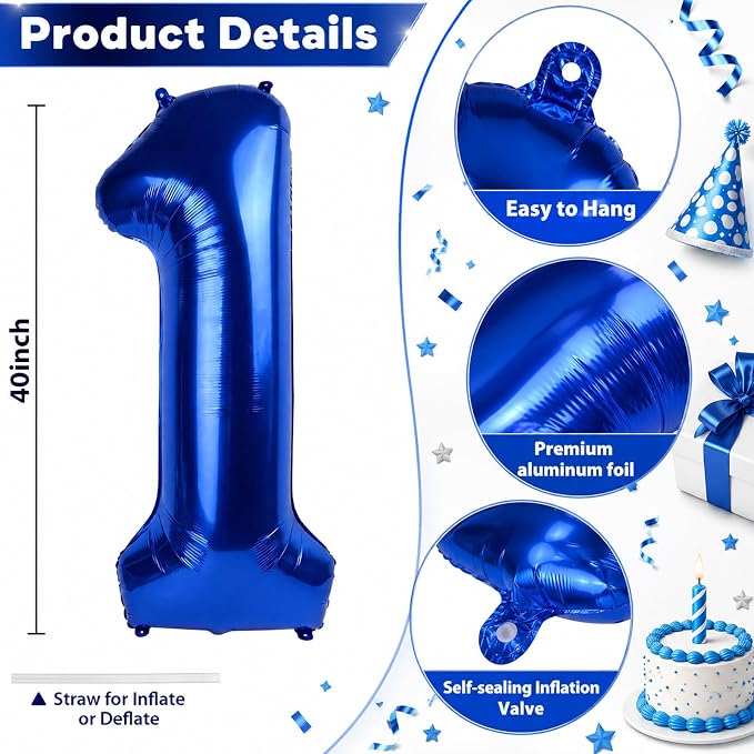 40 Inch Navy Blue Number 1 Balloon, Dark Royal Blue Large Self Inflating Foil - Image 2