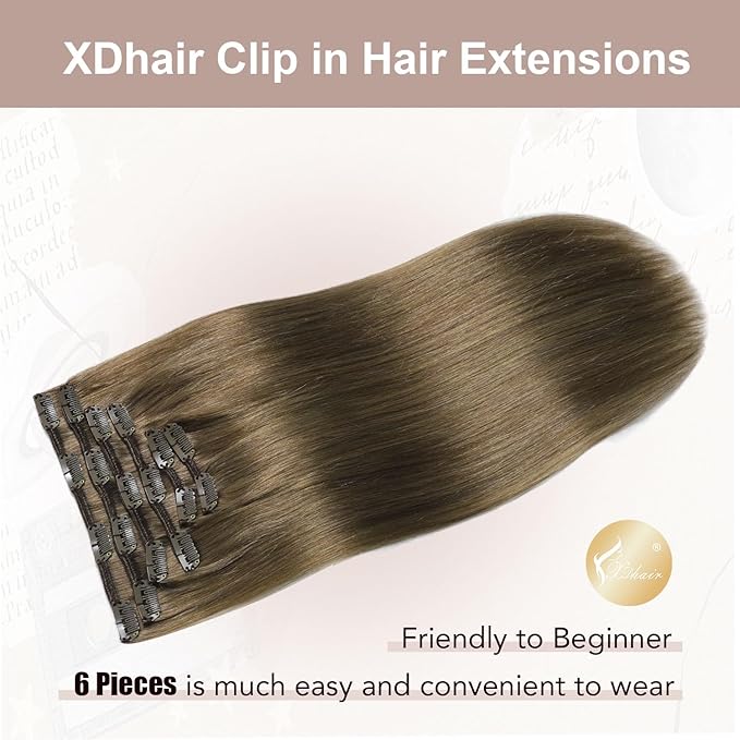 XDhair Clip in Hair Extensions Real Human Hair 100g 6pcs 16Inch Ash Brown Clip in Remy Hair Extensions for Women (#8,16Inch)