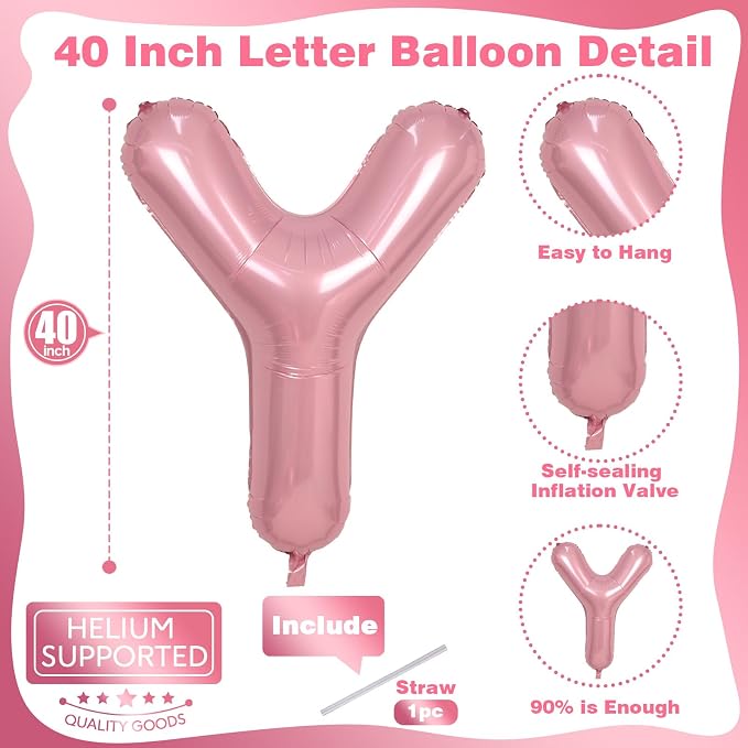 Giant Letter Y Foil Balloon Baby Pink, Pastel Pink Inflatable Word Balloon Y - Image 2