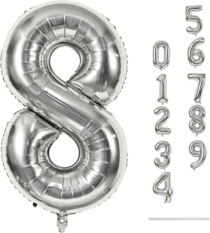 Silver Foil Balloon Number 8 for Boys, Large Number 8 Helium Balloon for Women by Lingqiang